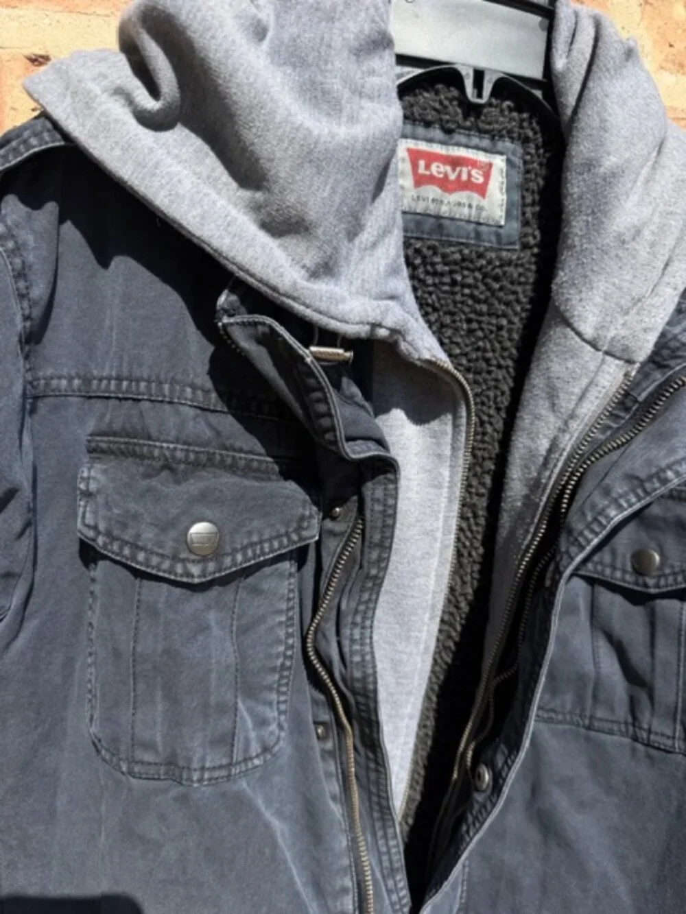 Used Levi's Men's Washed Cotton Hooded Military Jacket in size Large Navy Blue